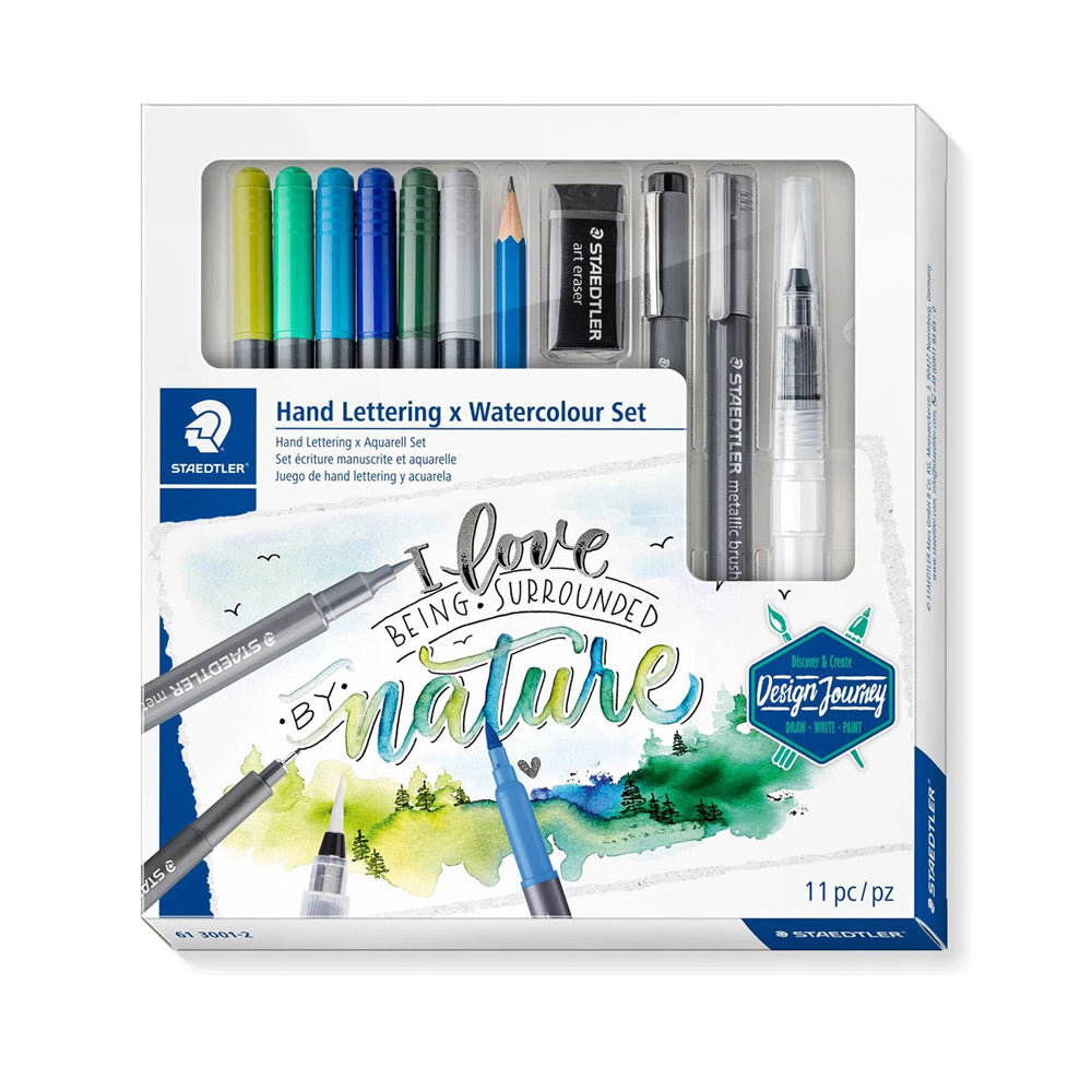 An 11 piece Staedlter hand lettering and watercolour set containing 6 watercolour markers, an eraser, a graphite pencil, a pigment liner, a metallic brush marker and a fillable water brush.