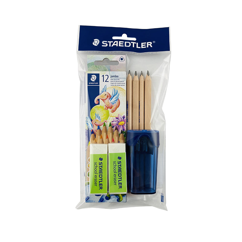 A Staedtler jumbo school kit which includes 12 jumbo coloured pencils, 2 erasers, a sharpener and graphite pencils.