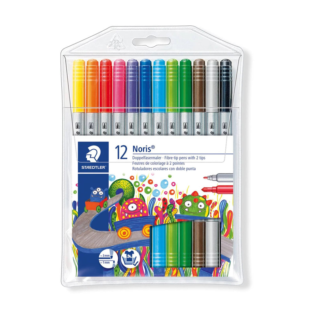 A packet of 12 Noris double ended fibre-tip pens in assorted colours. One end is approximately 3 millimetre wide, the other is approximately 1 millimetre wide. 