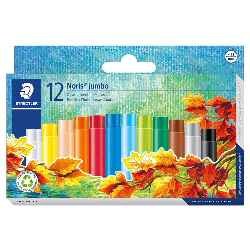 A box of 12 Noris jumbo oil pastels in assorted colours. The oil pastels are approximately 11 millimetres long.