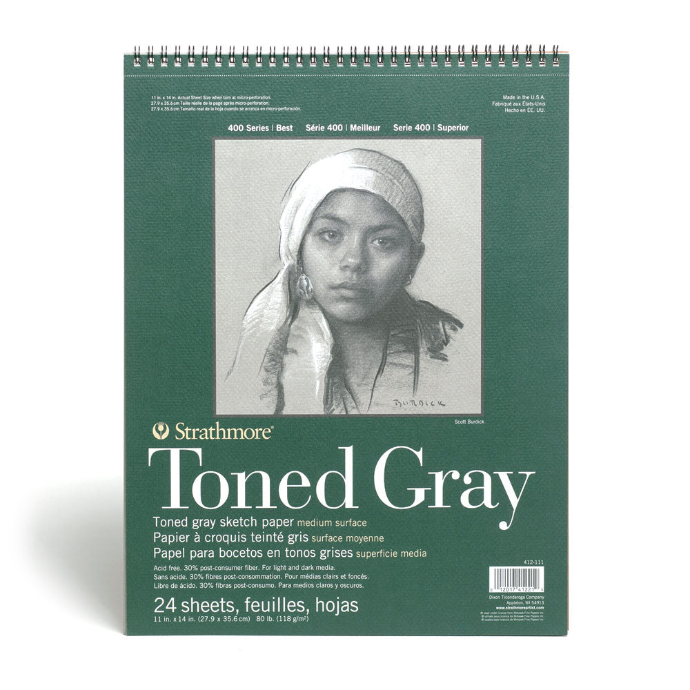 Cover of the Strathmore Toned Gray pad, spiral bound and perforated on the short edge. This pad contains 24 sheets of 118gsm medium surface paper made from 30 per cent post-consumer fibre. 27.9 by 35.6 centimetres when torn at the perforation.