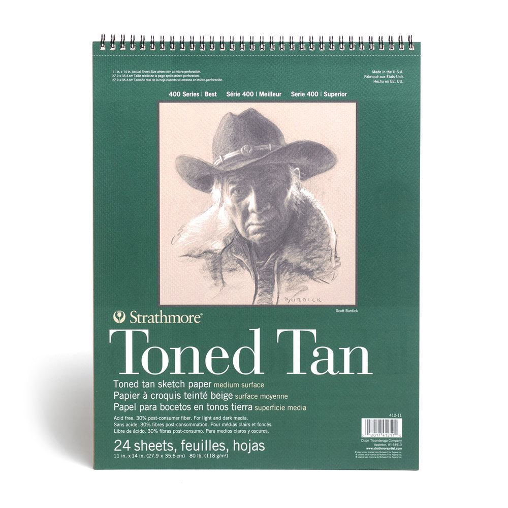 Cover of the Strathmore Toned Tan pad, spiral bound and perforated on the short edge. This pad contains 24 sheets of 118gsm medium surface paper made from 30 per cent post-consumer fibre. 27.9 by 35.6 centimetres when torn at the perforation.