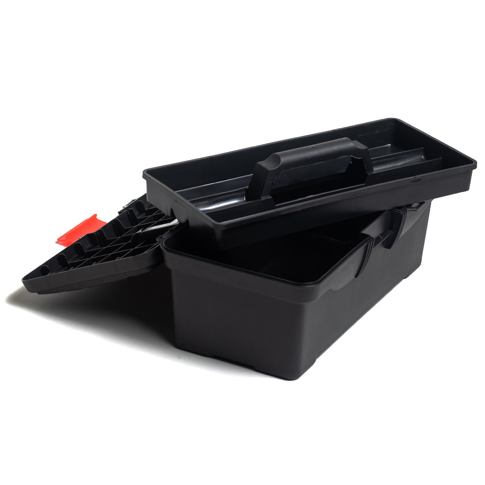 An open artists’ tool box made from black polypropylene. A lift out carry tray features four segmented compartments and a handle. The hinged lid features a single red locking clip.