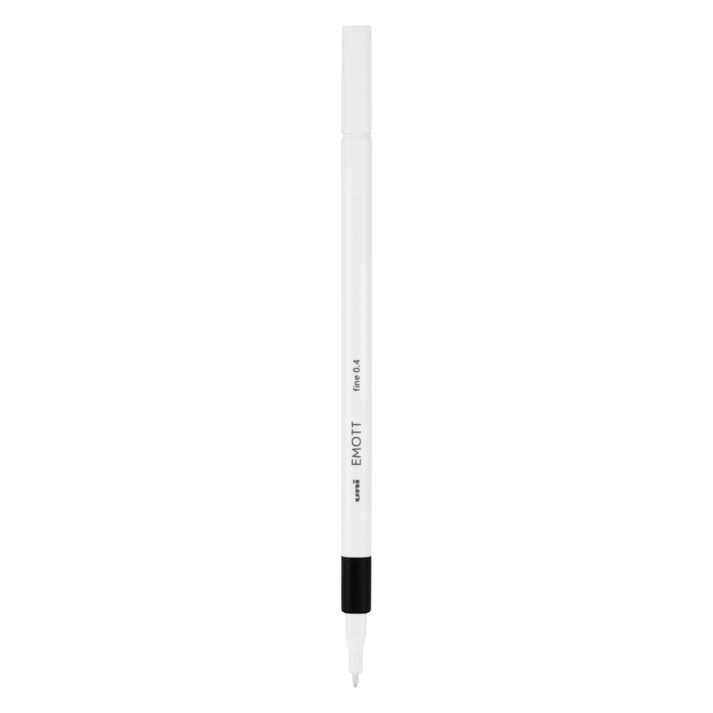 A black Uni Emott ever fine fineliner pen with 0.4 millimetre width nib. 