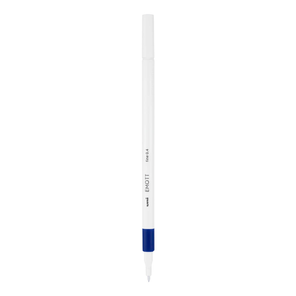 A blue Uni Emott ever fine fineliner pen with 0.4 millimetre width nib.