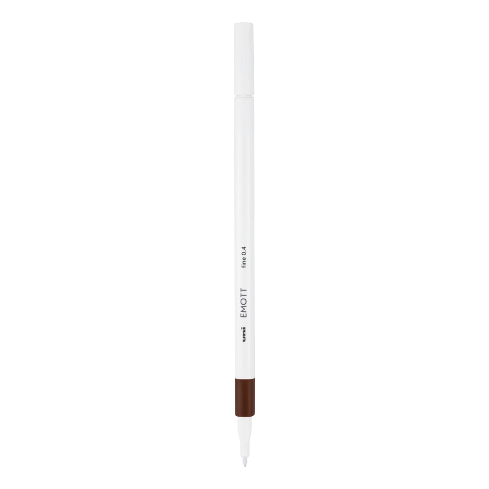 A brown Uni Emott ever fine fineliner pen with 0.4 millimetre width nib.