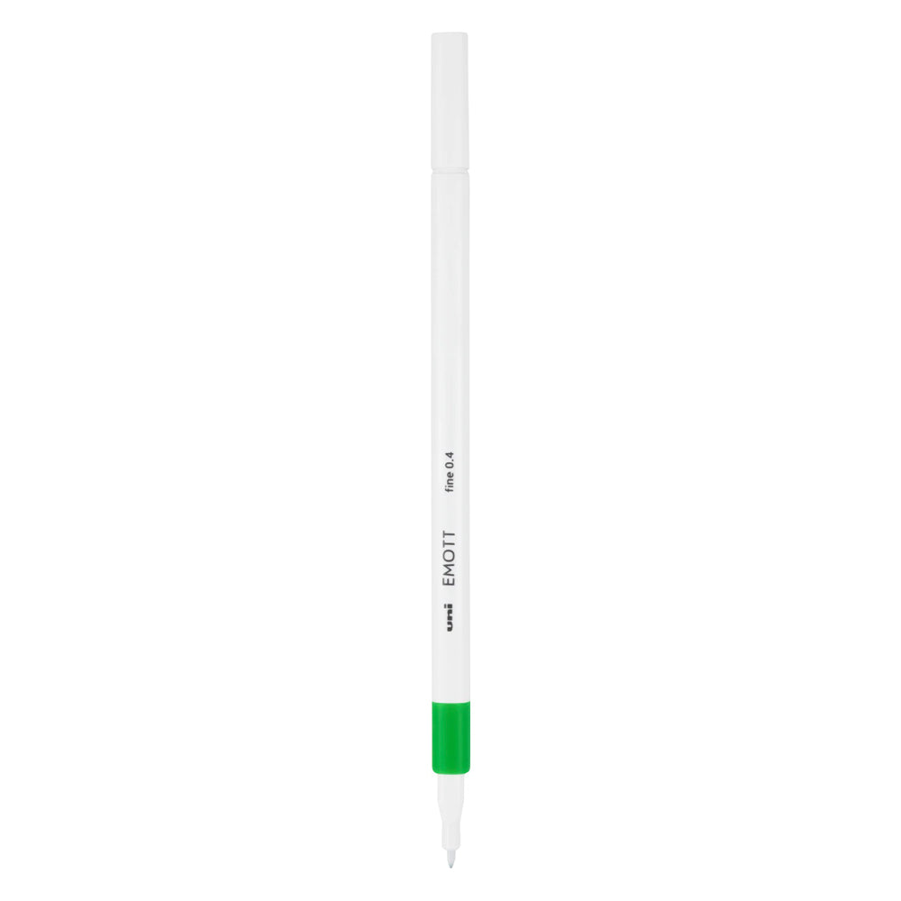 A green Uni Emott ever fine fineliner pen with 0.4 millimetre width nib.