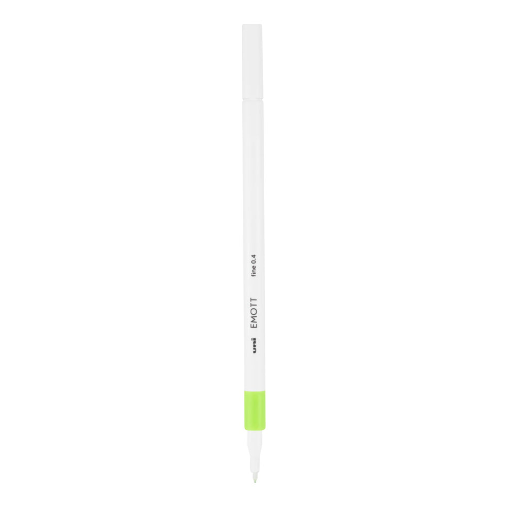 A light green Uni Emott ever fine fineliner pen with 0.4 millimetre width nib.