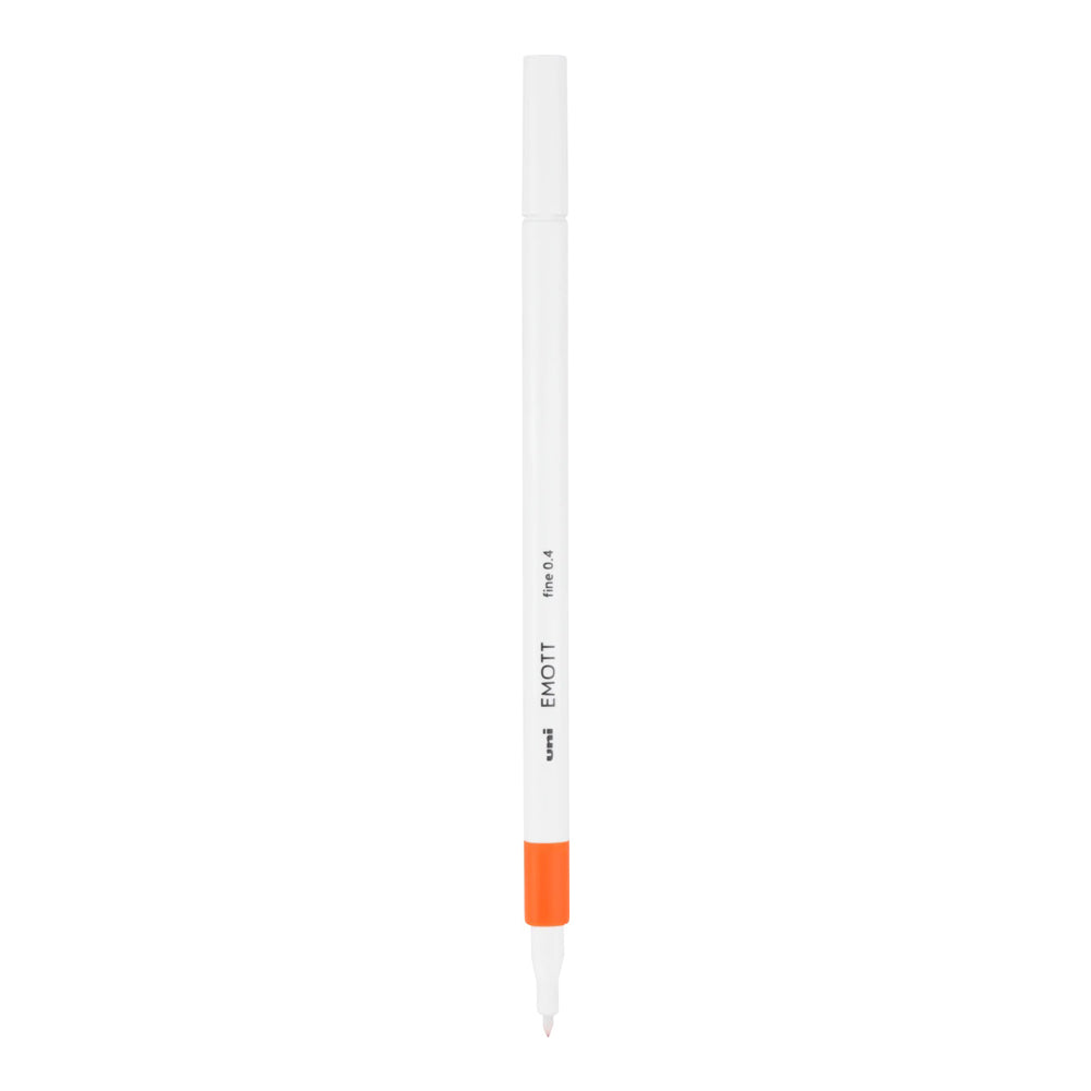 An orange Uni Emott ever fine fineliner pen with 0.4 millimetre width nib.