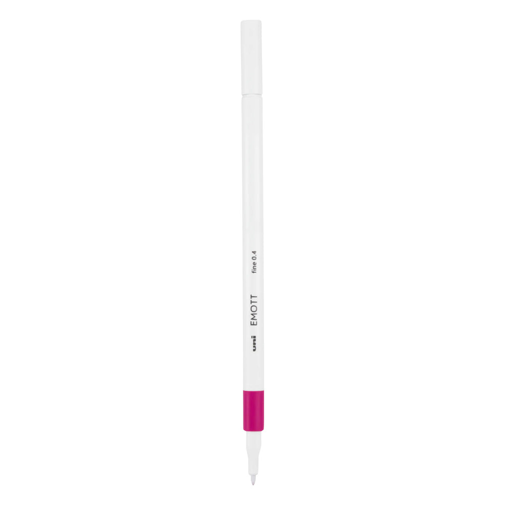 A pink Uni Emott ever fine fineliner pen with 0.4 millimetre width nib.