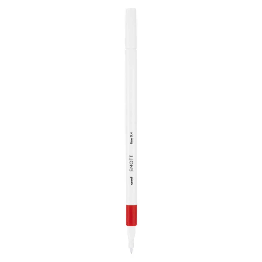 A red Uni Emott ever fine fineliner pen with 0.4 millimetre width nib.