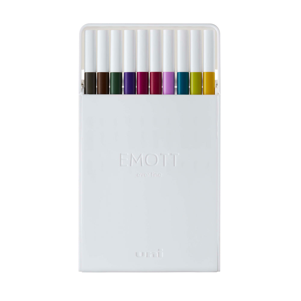 A set of 10 calm tone dark colours of Uni Emott ever fine fineliner pen with 0.4 millimetre width nib in warm shades.