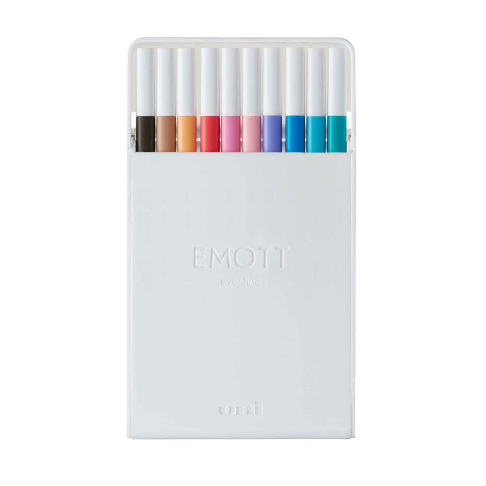 A set of 10 soft pastel colours of Uni Emott ever fine fineliner pen with 0.4 millimetre width nib.