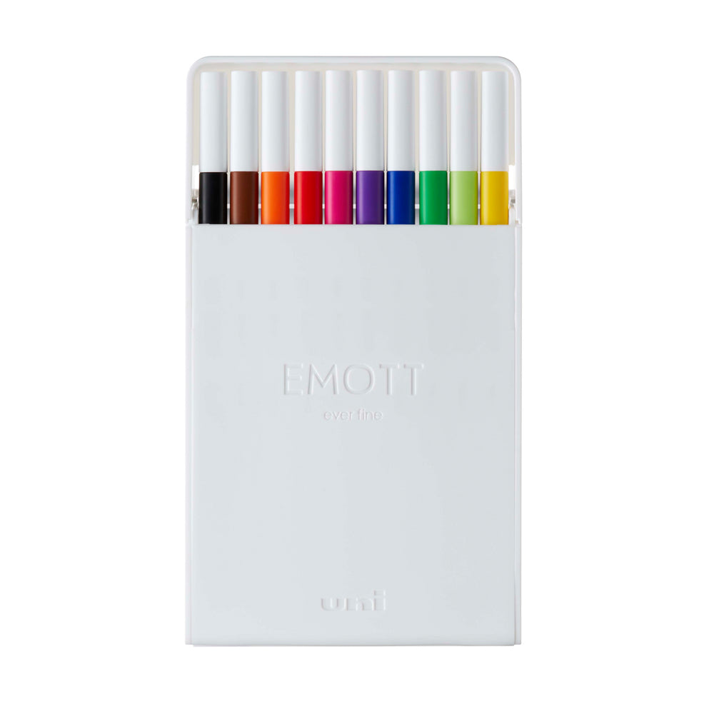 A set of 10 standard colours of Uni Emott ever fine fineliner pen with 0.4 millimetre width nib.
