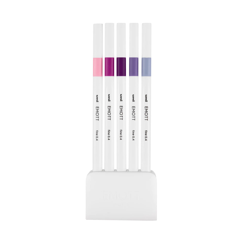 A set of 5 floral colours of Uni Emott ever fine fineliner pen with 0.4 millimetre width nib in shades of pinks and purples.