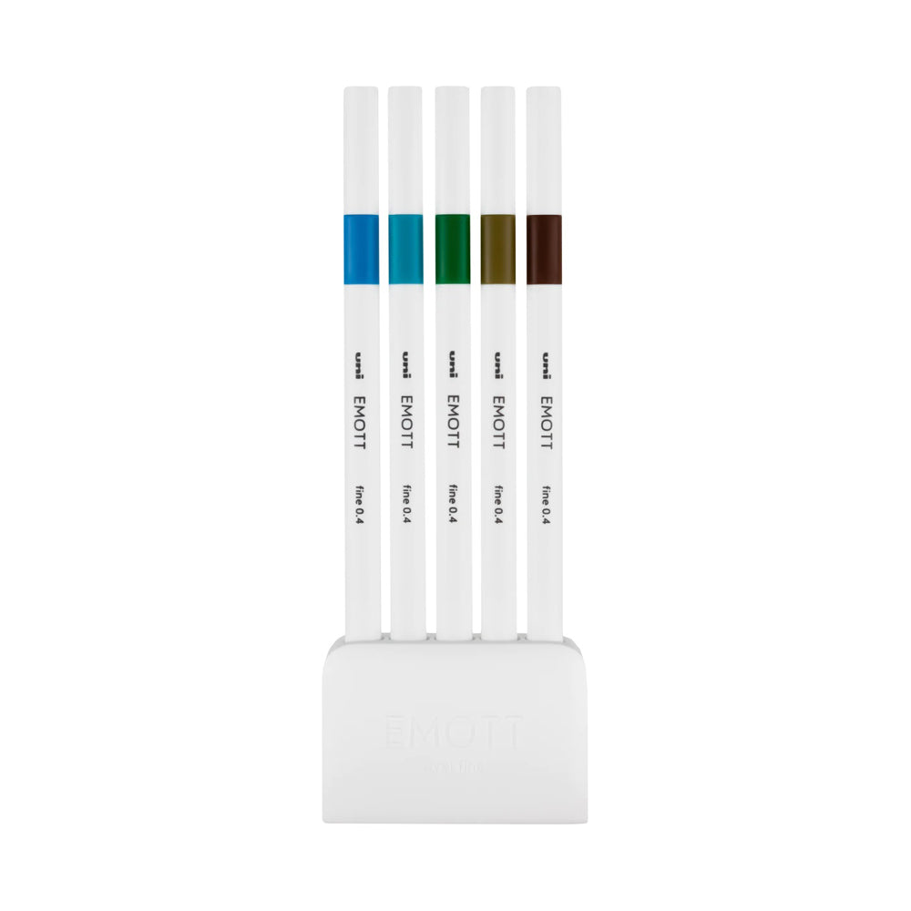 A set of 5 island colours of Uni Emott ever fine fineliner pen with 0.4 millimetre width nib in shades of blues, greens and browns.
