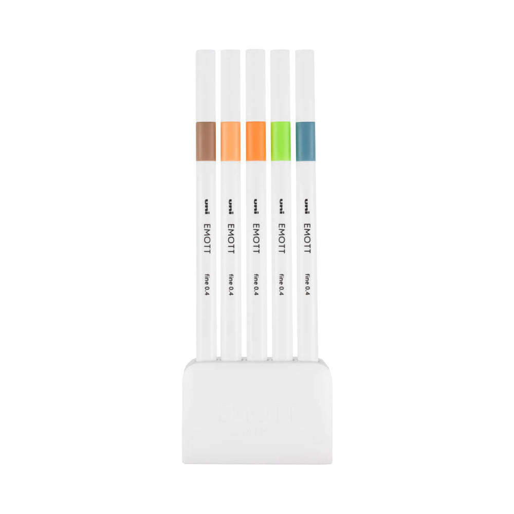 A set of 5 nature colours of Uni Emott ever fine fineliner pen with 0.4 millimetre width nib in shades of blues, greens and oranges.