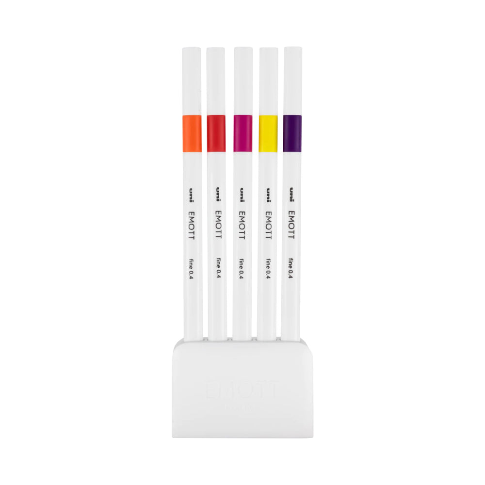 A set of 5 passion colours of Uni Emott ever fine fineliner pen with 0.4 millimetre width nib in shades of reds, purples and yellows.