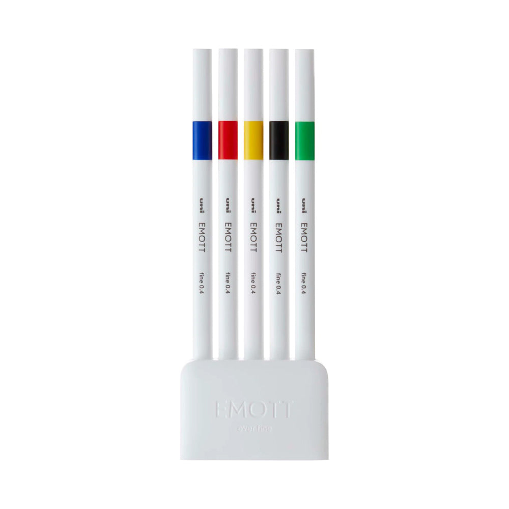 A set of 5 vivid colours of Uni Emott ever fine fineliner pen with 0.4 millimetre width nib in red, blue yellow, black and green.