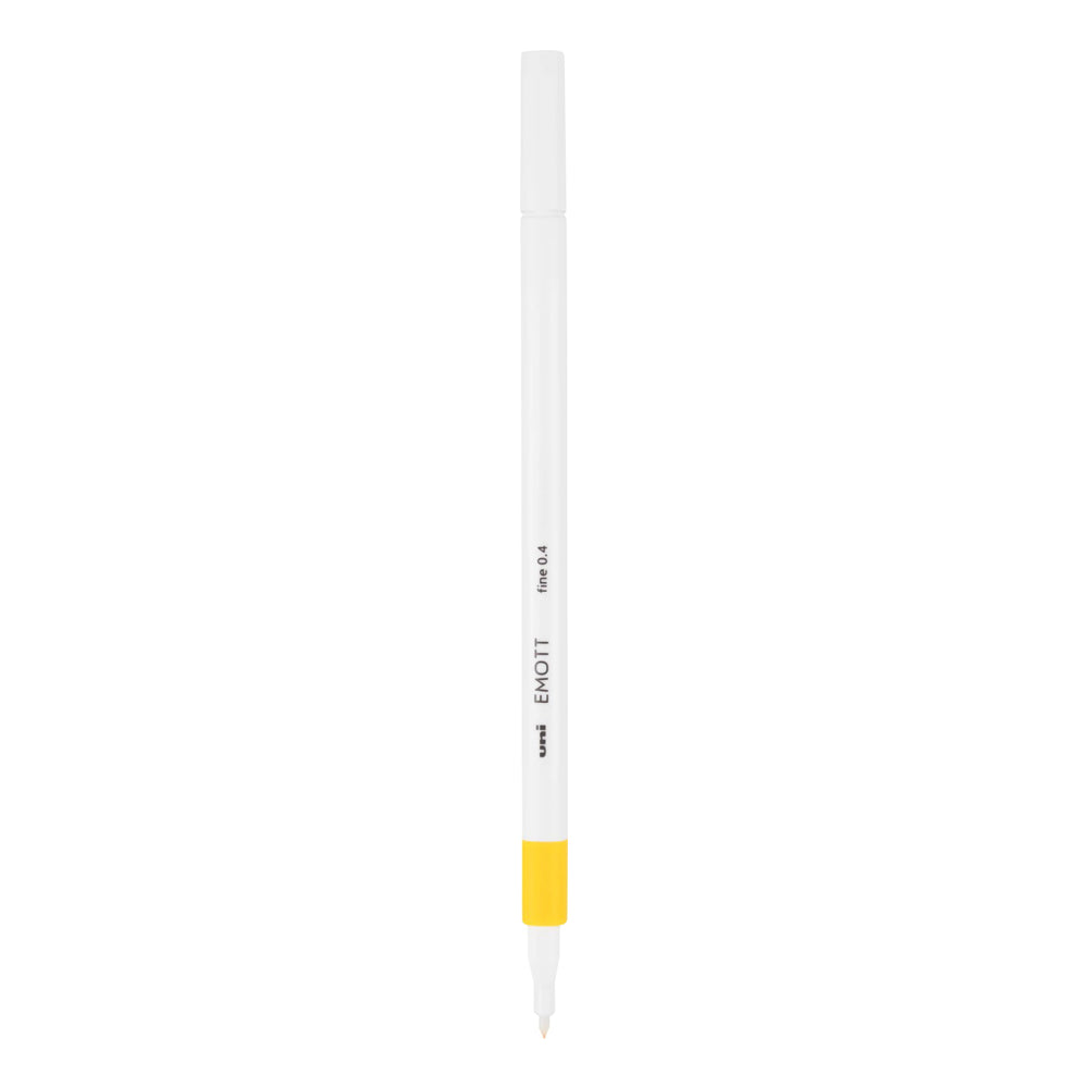 A yellow Uni Emott ever fine fineliner pen with 0.4 millimetre width nib.