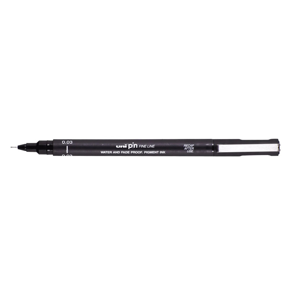 A black, 0.03 millimetre width tip Uni Pin fine line pen with clip lid. 