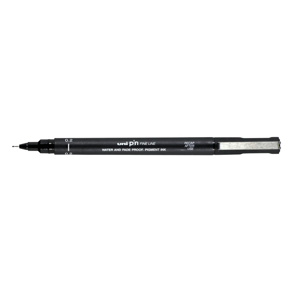 A black, 0.2 millimetre width tip Uni Pin fine line pen with clip lid. 