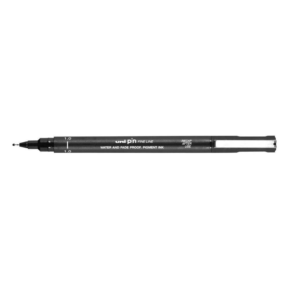 A black, 1.0 millimetre width tip Uni Pin fine line pen with clip lid. 