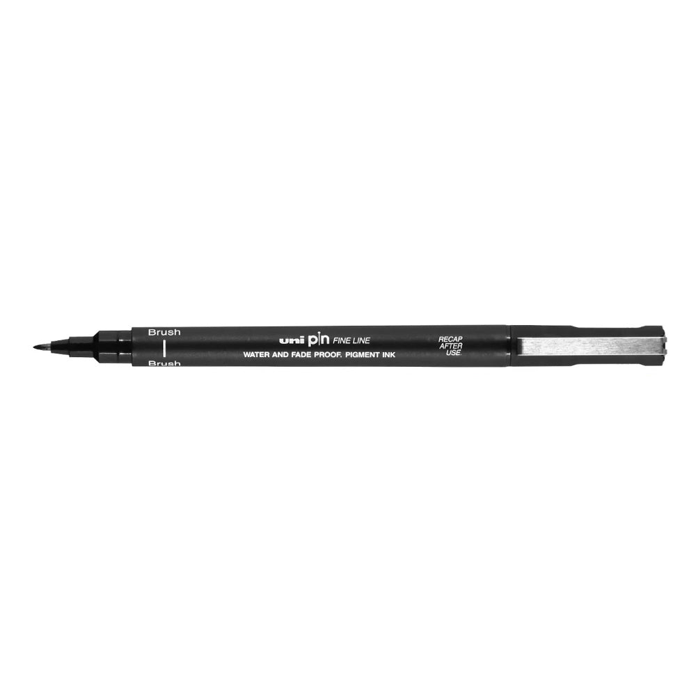 A black, brush tip Uni Pin fine line pen with clip lid. 