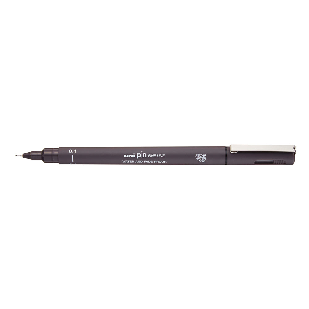 A dark grey, 0.1 millimetre width tip Uni Pin fine line pen with clip lid. 