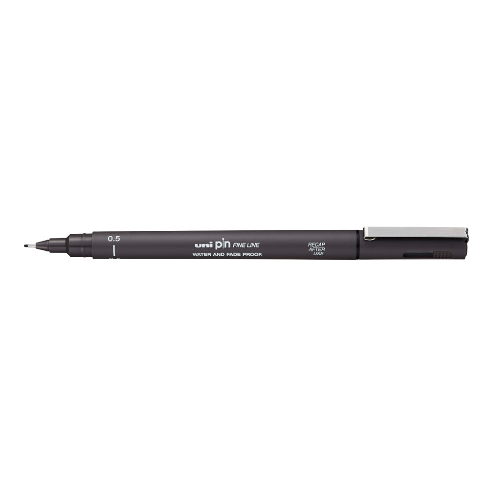 A dark grey, 0.5 millimetre width tip Uni Pin fine line pen with clip lid. 