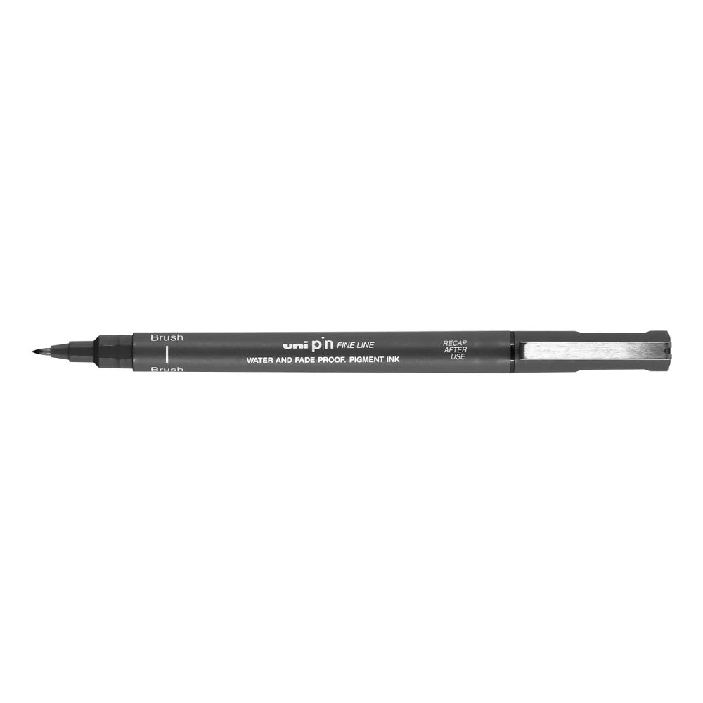 A dark grey, brush tip Uni Pin fine line pen with clip lid. 