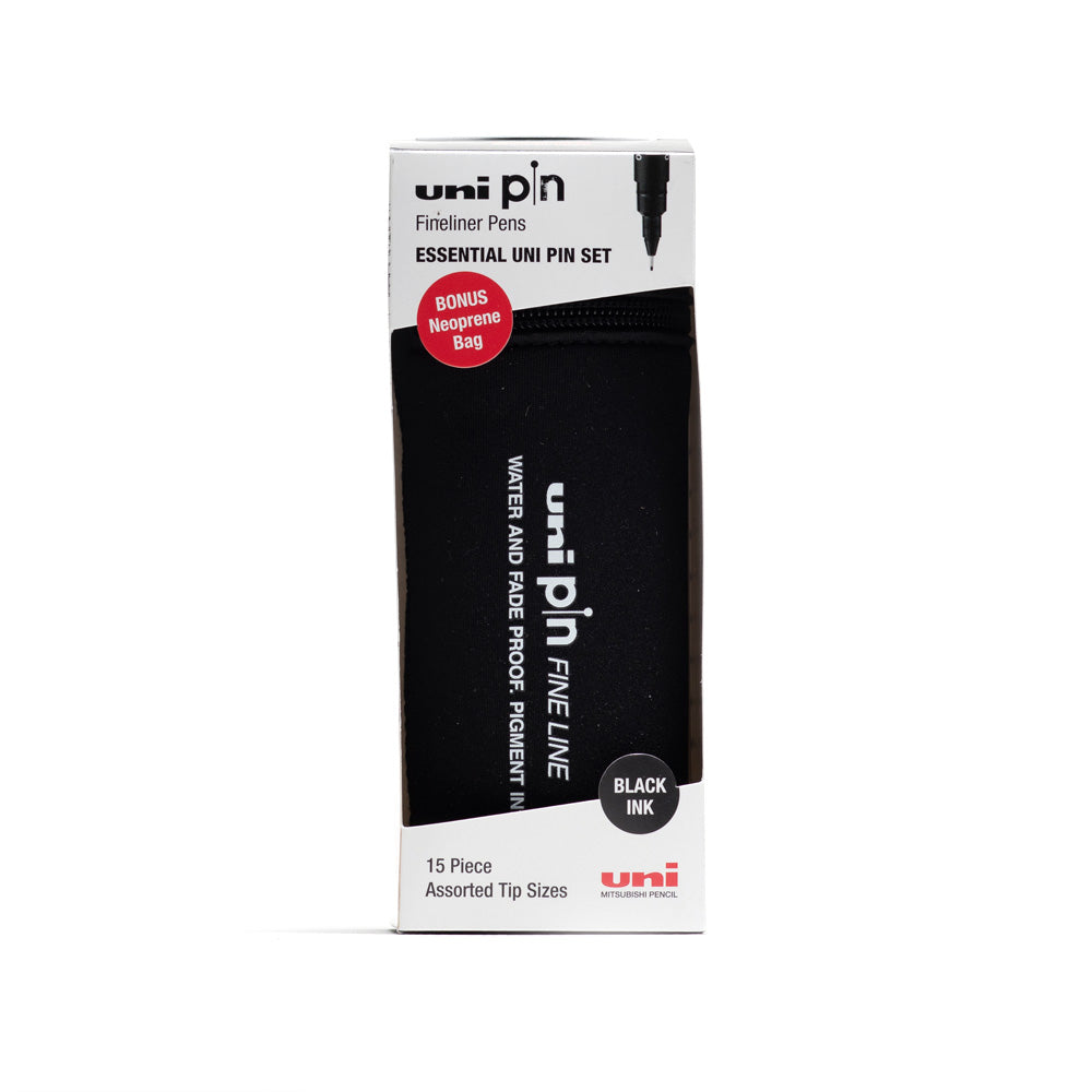 A set of 15 black Uni Pin fine line pens in assorted tip widths with bonus neoprene bag.