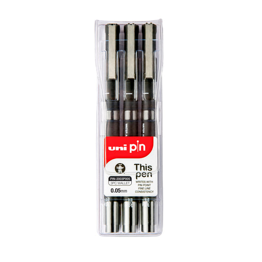 A wallet set of 3 Uni Pin fine line pens with 0.05 millimetre width tip.