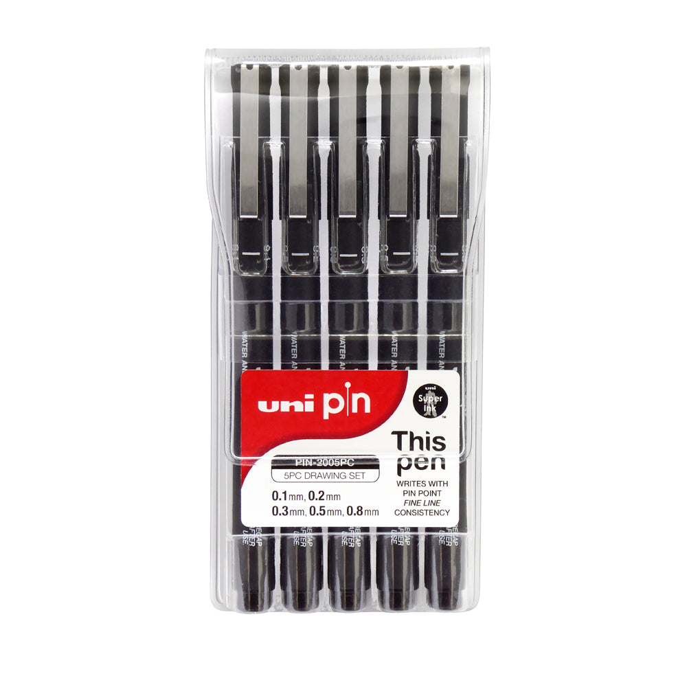 A wallet set of 5 Uni Pin fine line pens in assorted tip widths - 0.1 millimetres, 0.2 millimetres, 0.3 millimetres, 0.5 millimetres and 0.8 millimetres.