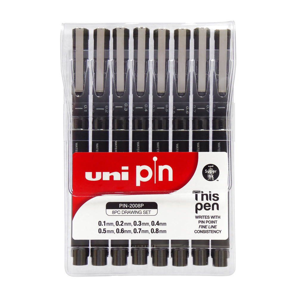 A wallet set of 8 Uni Pin fine line pens in assorted tip widths - 0.1 millimetres, 0.2 millimetres, 0.3 millimetres, 0.4 millimetres, 0.5 millimetres, 0.6 millimetres, 0.7 millimetres and 0.8 millimetres.