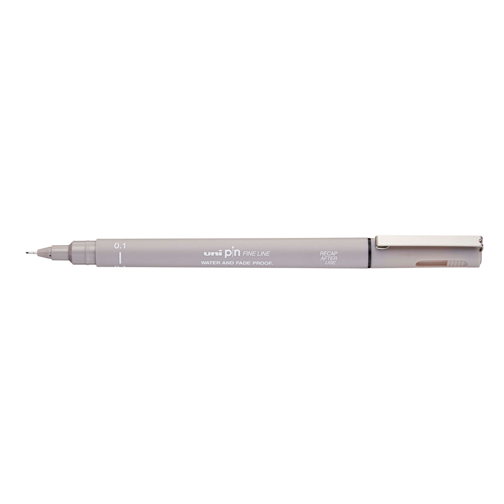 A light grey, 0.1 millimetre width tip Uni Pin fine line pen with clip lid. 