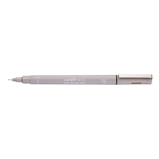 A light grey, 0.1 millimetre width tip Uni Pin fine line pen with clip lid. 