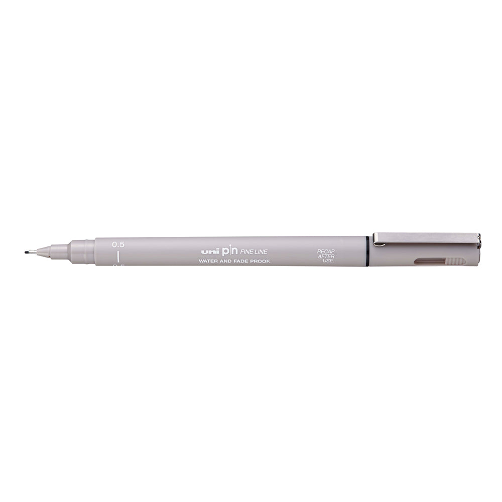 A light grey, 0.5 millimetre width tip Uni Pin fine line pen with clip lid. 
