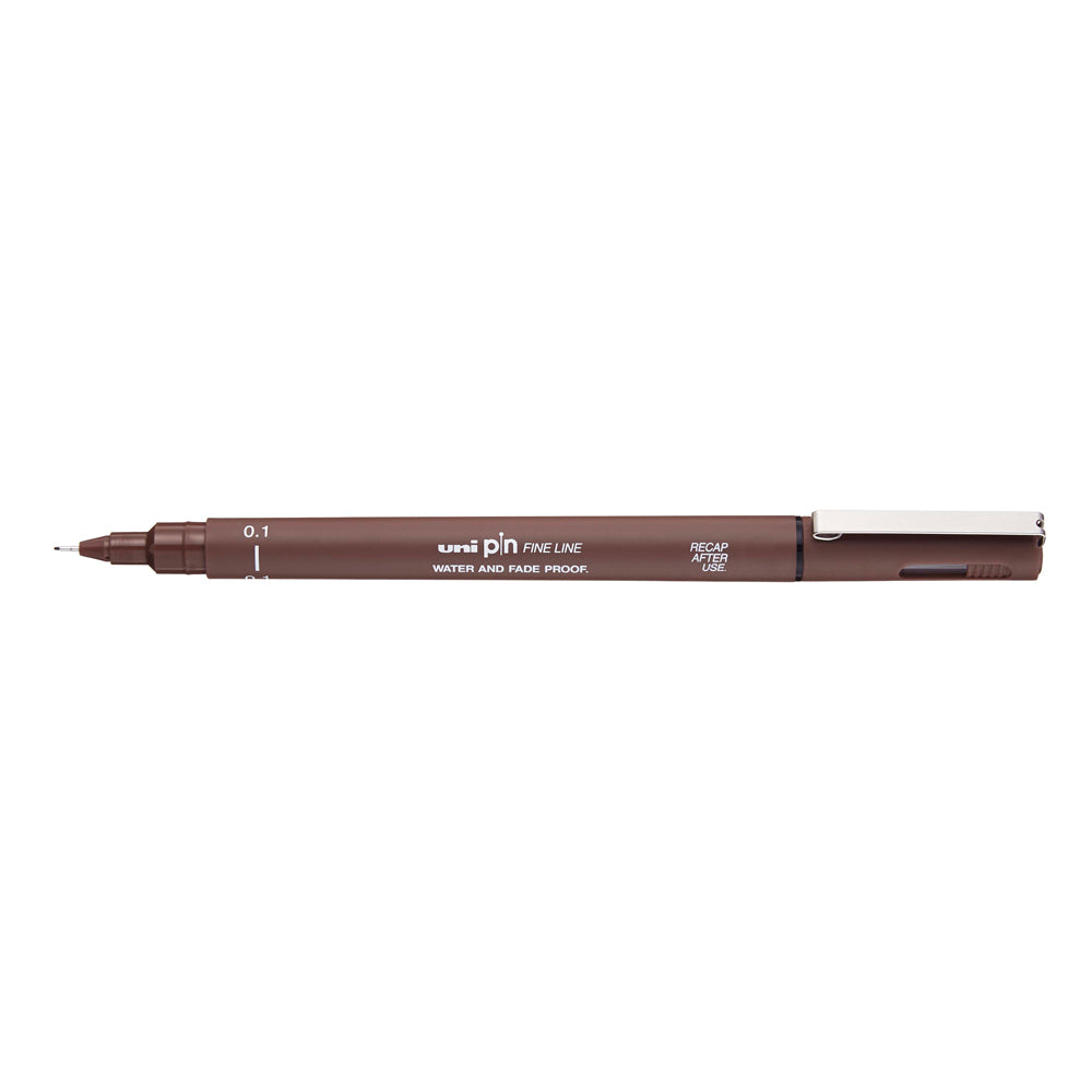 A sepia, 0.1 millimetre width tip Uni Pin fine line pen with clip lid. 