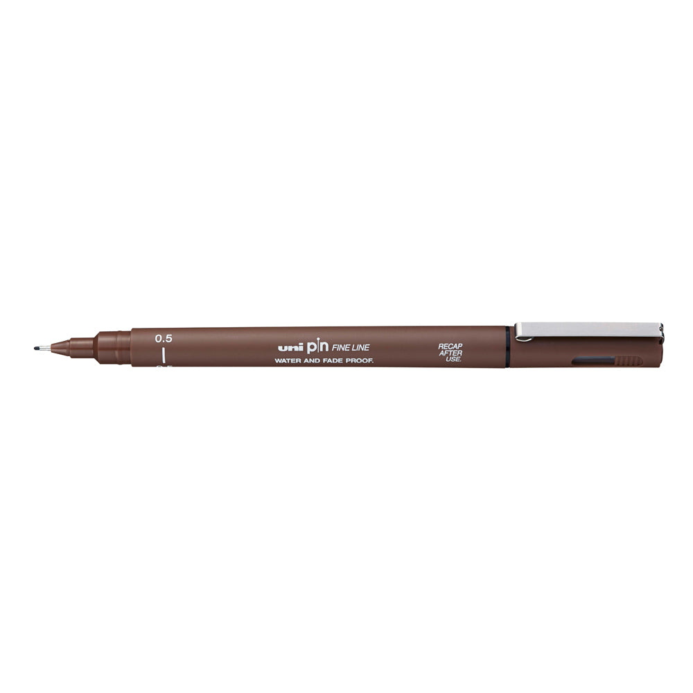 A sepia, 0.5 millimetre width tip Uni Pin fine line pen with clip lid. 