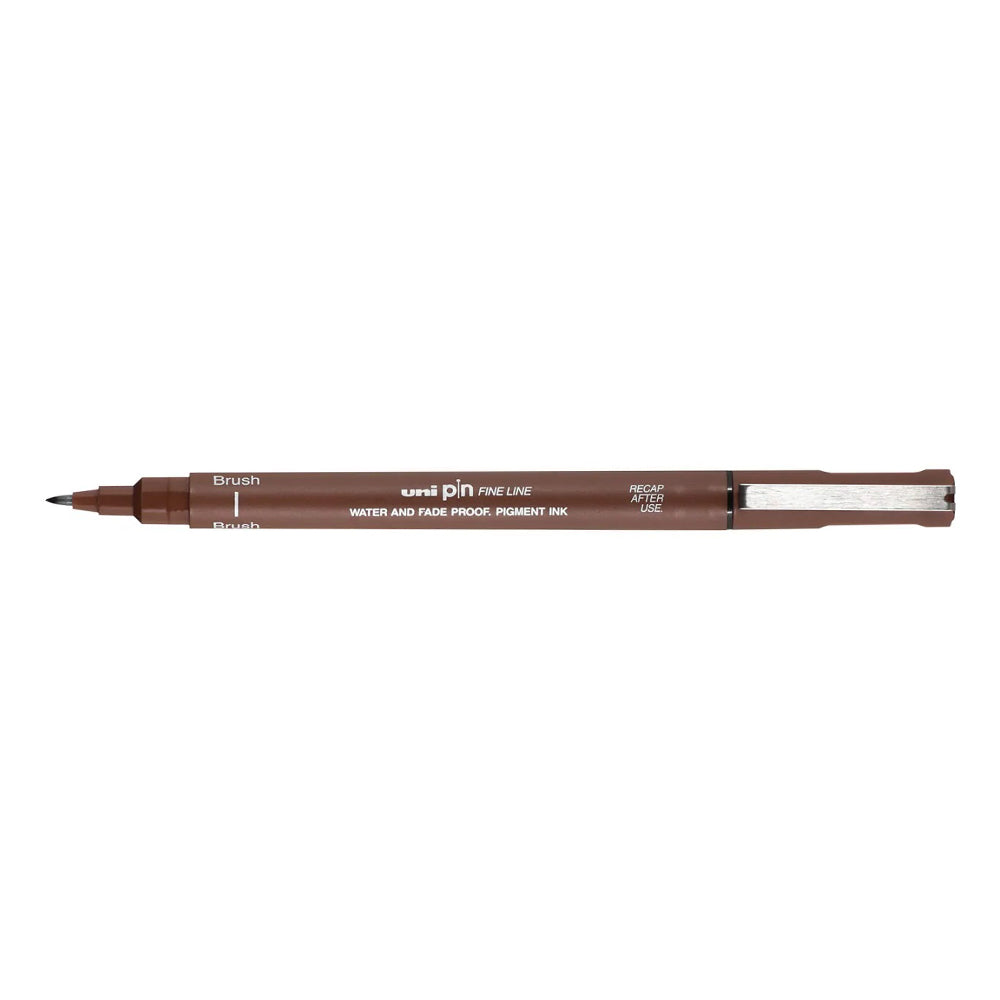 A sepia, brush tip Uni Pin fine line pen with clip lid. 
