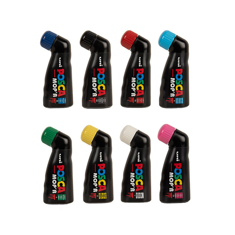 8 bottles of Uni Posca Mop'r in dark blue, black, red, light blue, green, yellow, white and pink.