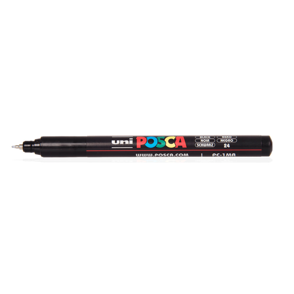 A black Uni Posca PC-1MR ultra fine bullet tip marker. 