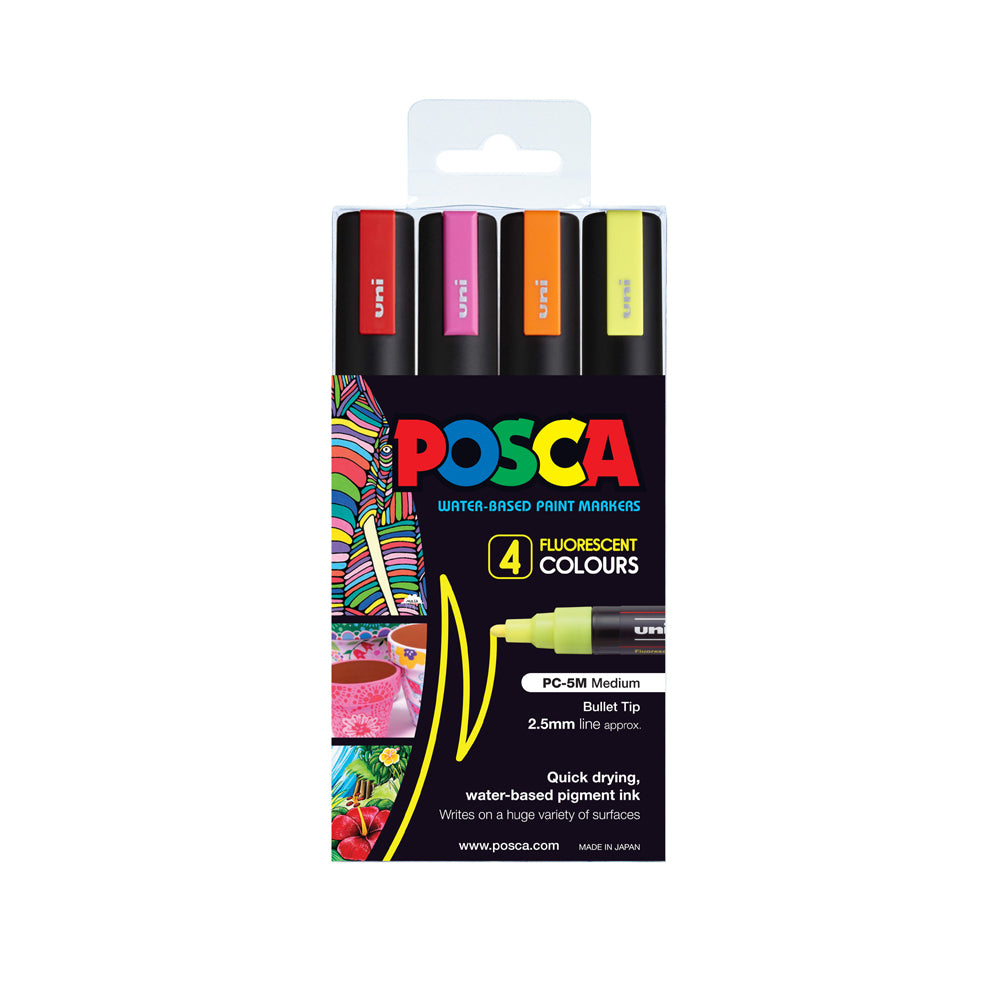 A set of 4 fluorescent colours of Uni Posca PC-5M medium tip markers. 