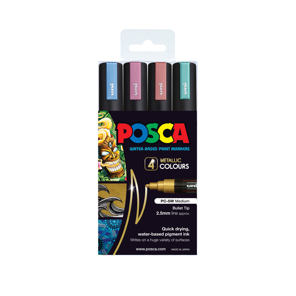A set of 4 metallic colours of Uni Posca PC-5M medium tip markers. 