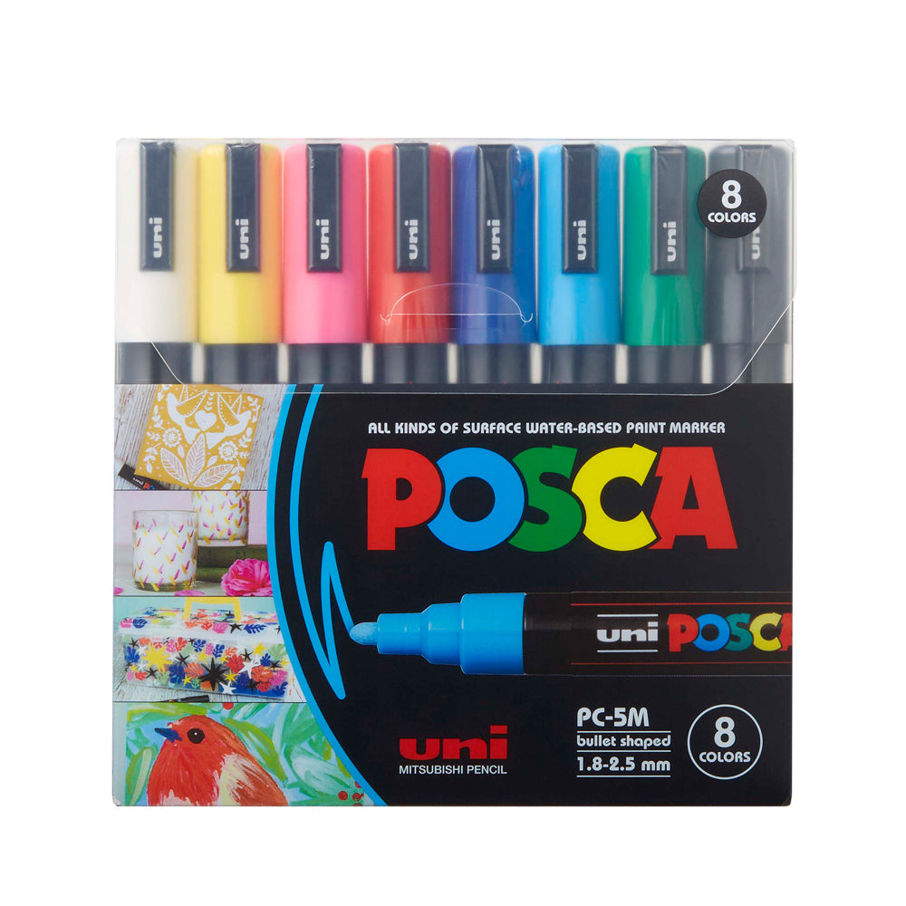 A set of 8 assorted colours of Uni Posca PC-5M medium tip markers. 