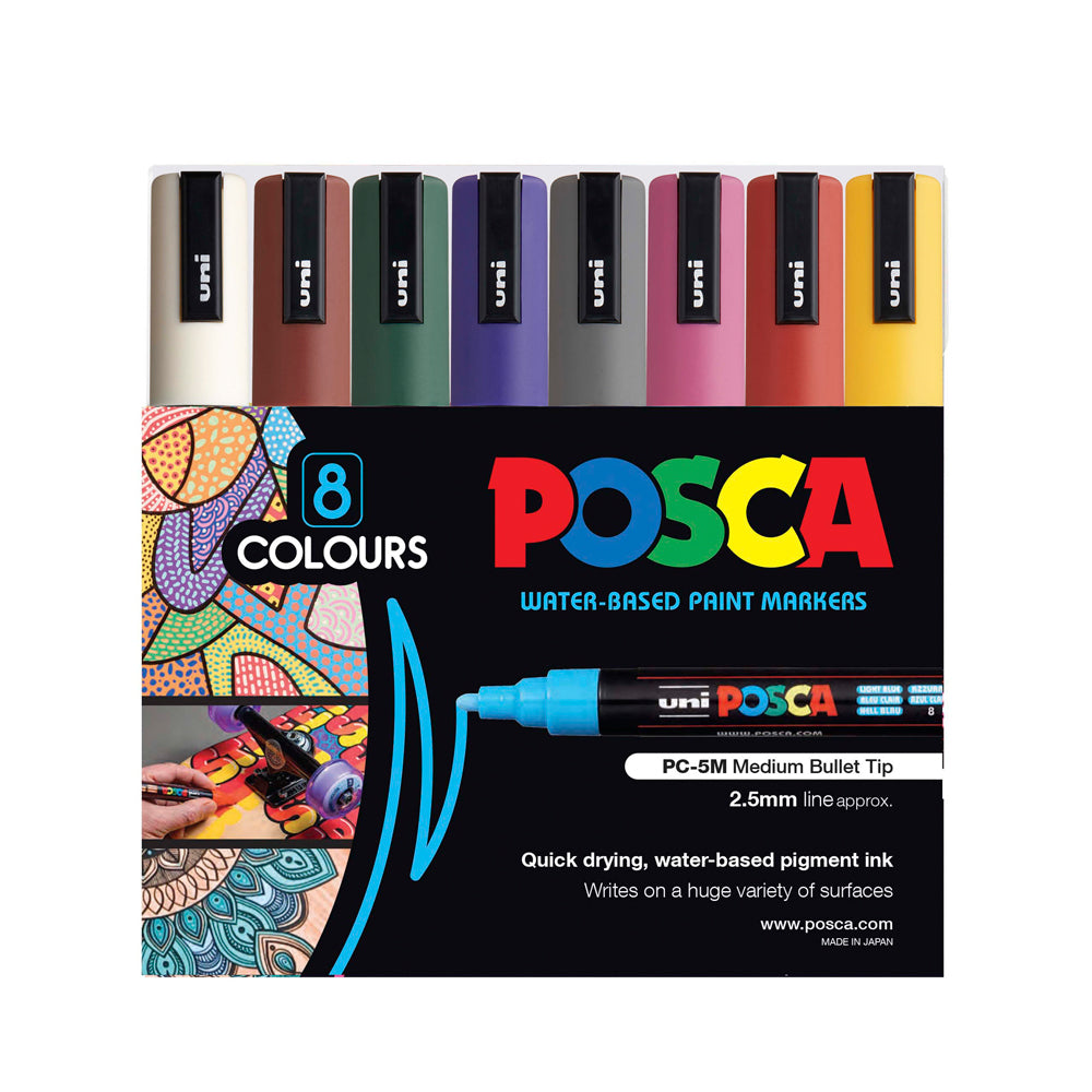 A set of 8 dark colours of Uni Posca PC-5M medium tip markers. 