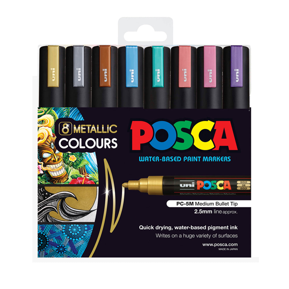 A set of 8 metallic colours of Uni Posca PC-5M medium tip markers. 