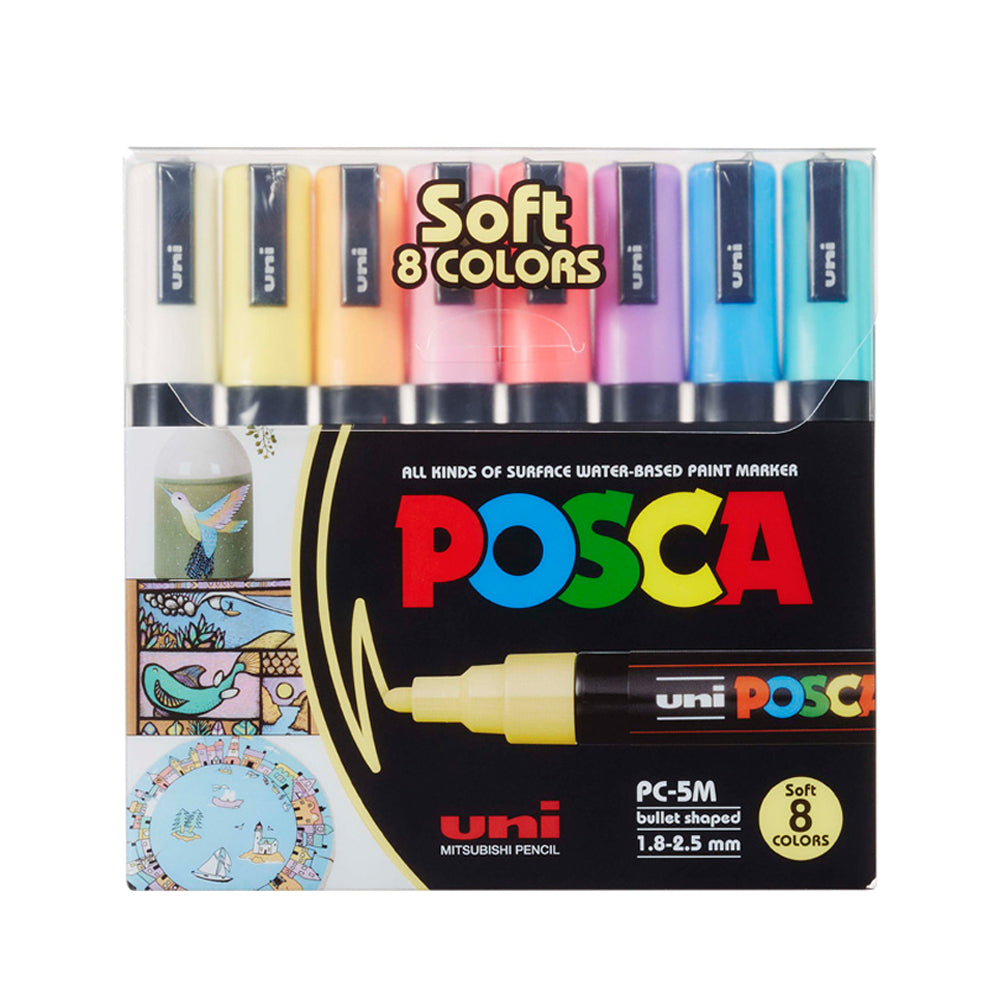 A set of 8 soft colours of Uni Posca PC-5M medium tip markers. 
