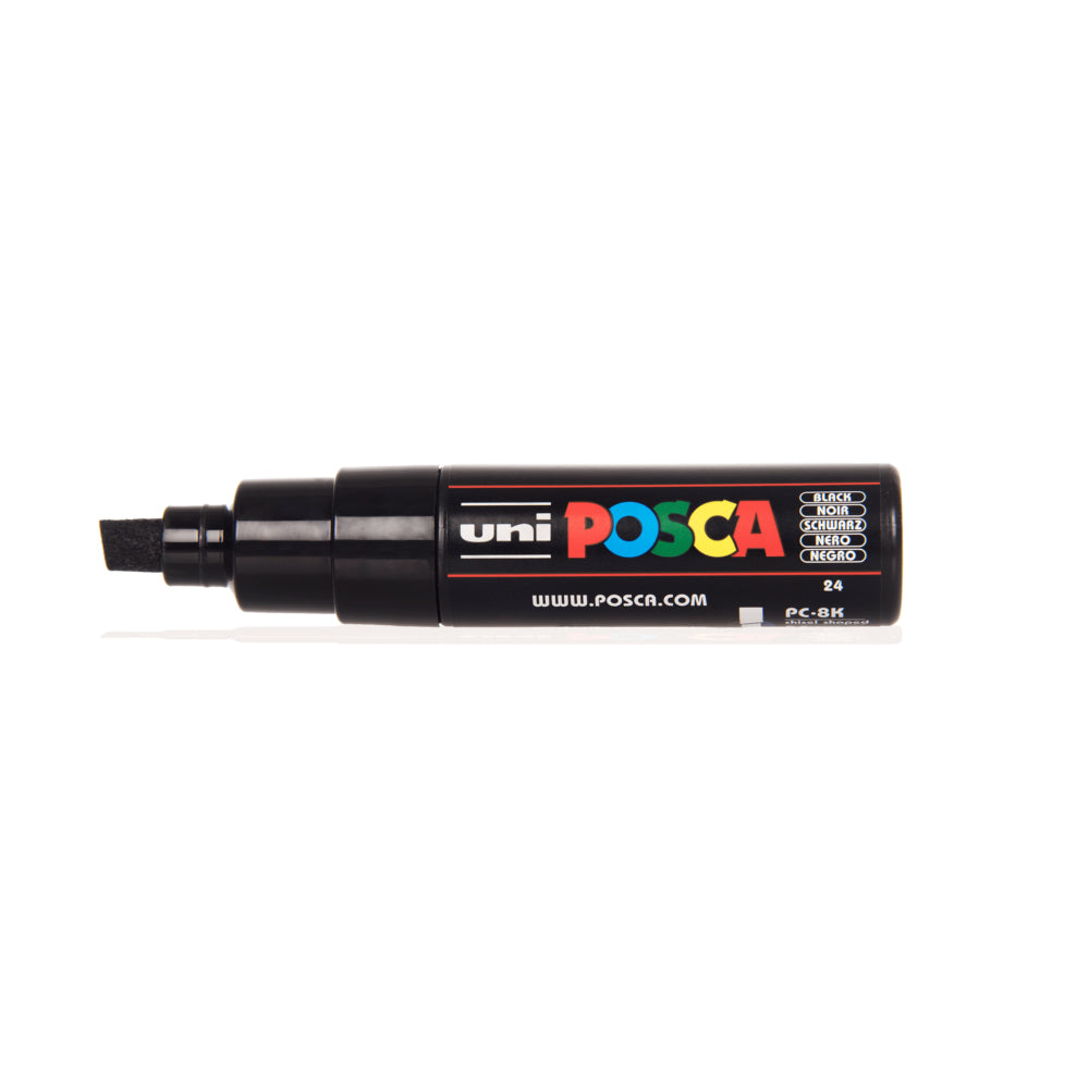 A black Uni Posca PC-8K bold chisel tip marker. 